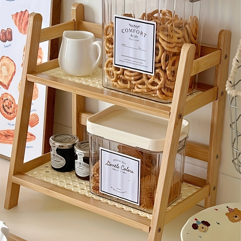 Rustik krem rangli bambuk qadamli shkaf, to'qilgan tuzilishga ega, ko'p funksiyali poyabzal tokchasi va kir, oshxona va bog' uchun saqlash joyi.