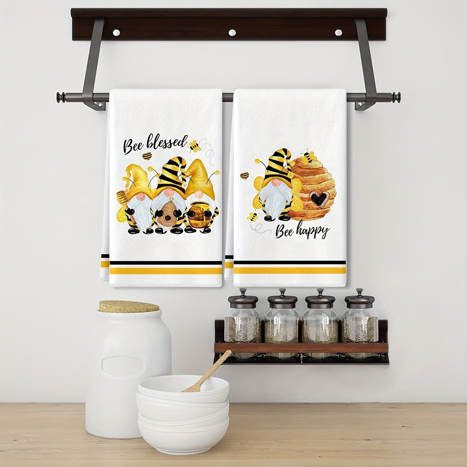 Set of 2 Gnome Bee Pattern Kitchen Towels Absorbent Soft Quick-Drying Housewarming Gift