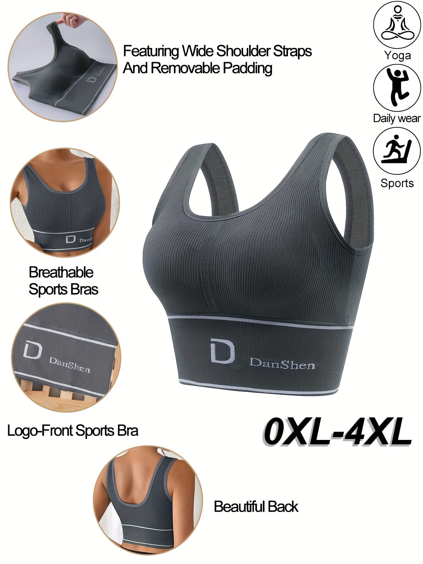 Women's Plus Size Padded Sports Bras No Underwire Breathable Workout Tops