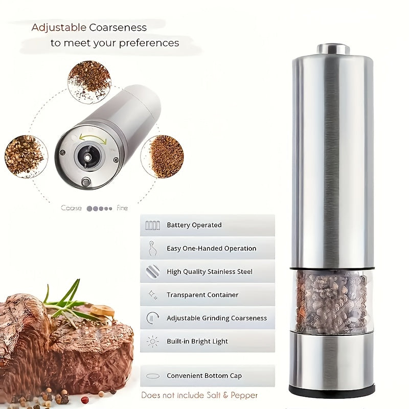 Stainless Steel Elektr salt va murch maydalagich to'plami, batareya bilan ishlaydi, LED chiroq bilan, qattiqlikni sozlash mumkin