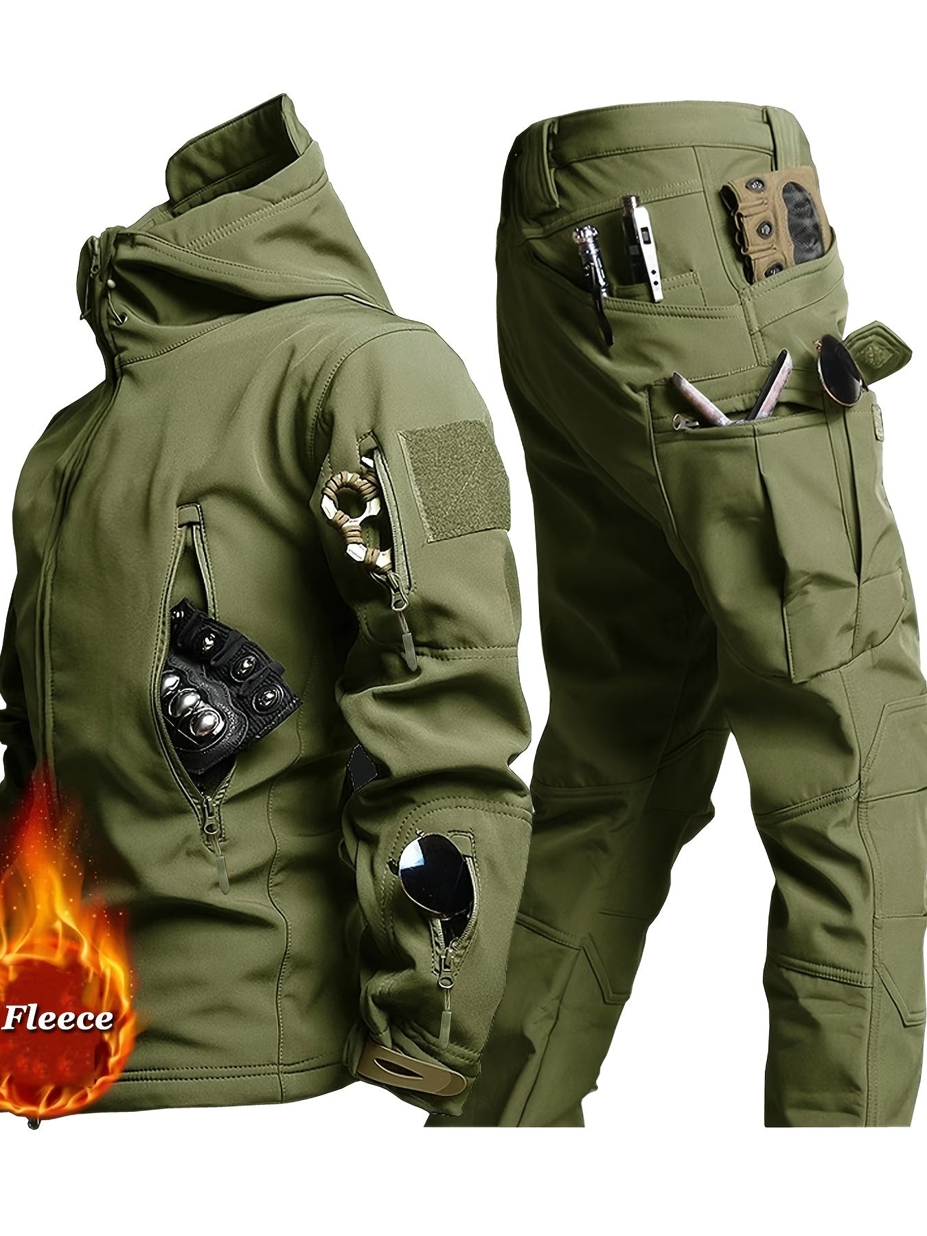 Men's Fleece-Lined Tactical Jacket and Cargo Pants Set for Outdoor Activities in Cold Weather