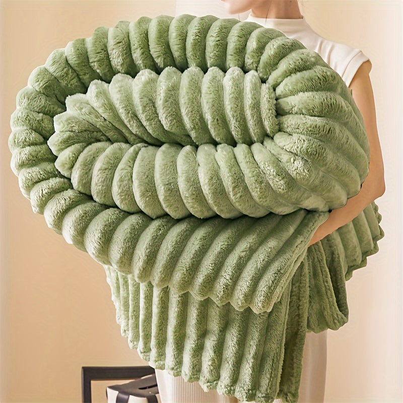 Striped Faux Fur Throw Blanket Cozy Knitted Polyester Bedspread for Sofa and Travel