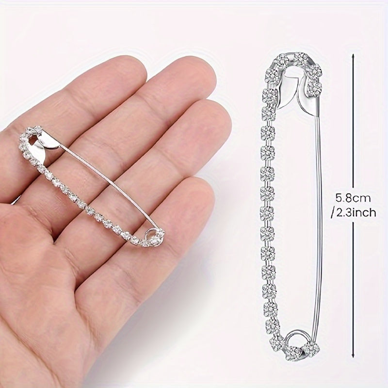 Set of 5 Silver Tone Alloy Safety Pins with Rhinestones, Irregular Shapes for Crafts and Clothing