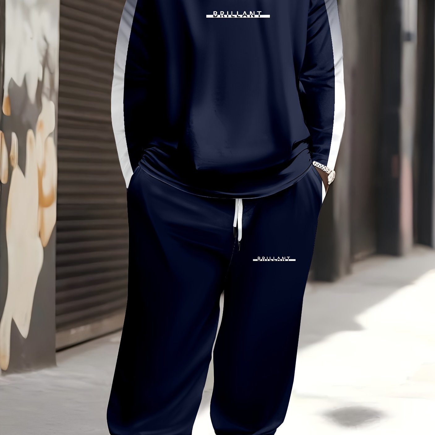 Plus Size Men's Casual Suit Long Sleeve Top and Pants Polyester Knit