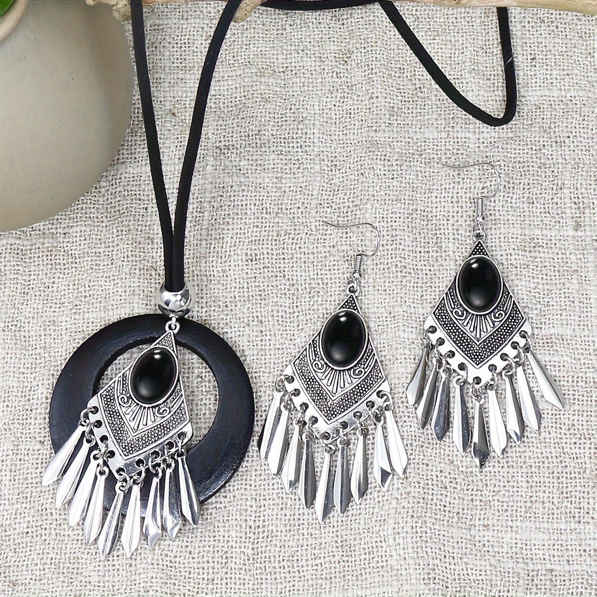 Set of 3 Men's Jewelry Bohemian Rhombus Earrings Necklace Sweater Chain