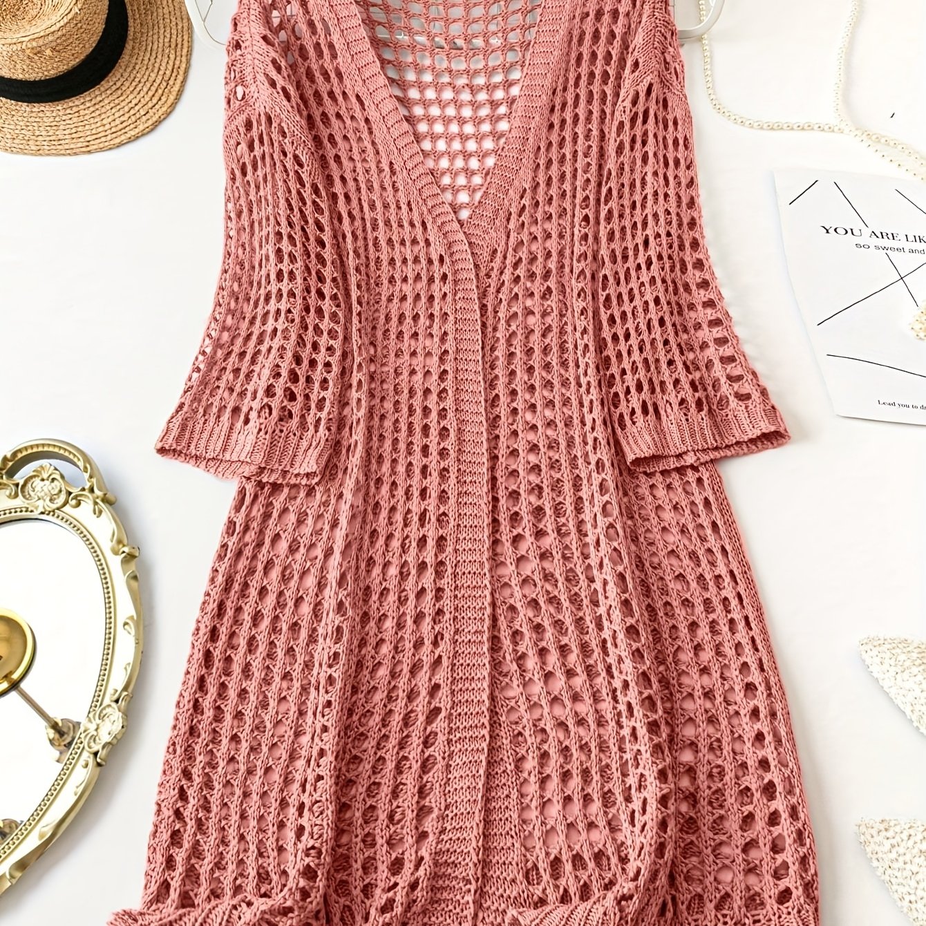 Women Plus Size V-Neck Cardigan Acrylic Hollow Knit Solid Spring Summer