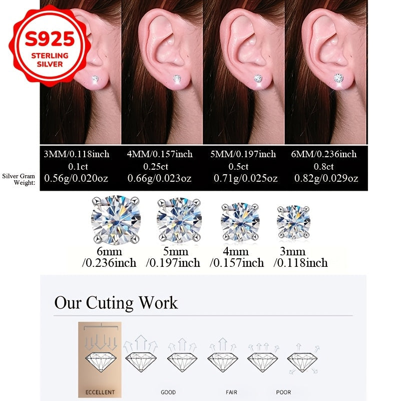 Sterling Silver Stud Earrings for Women with White Cubic Zirconia 3-6mm 0.1-0.8CT
