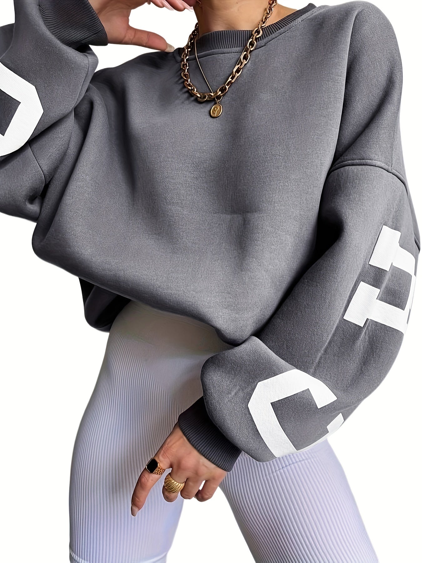 Women's Brown Letter Print Sweatshirt Crew Neck Long Sleeve Casual