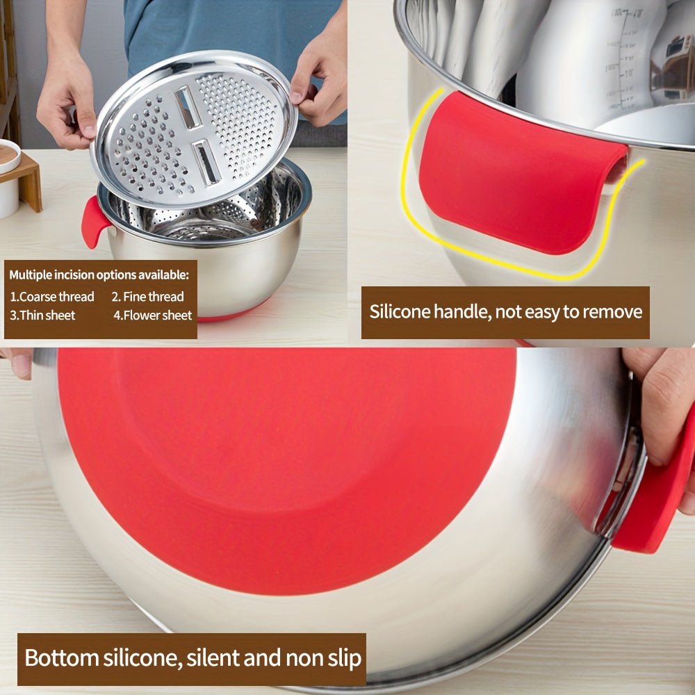 Set of 3 Stainless Steel Food Strainers with Silicone Handles and Measuring Container