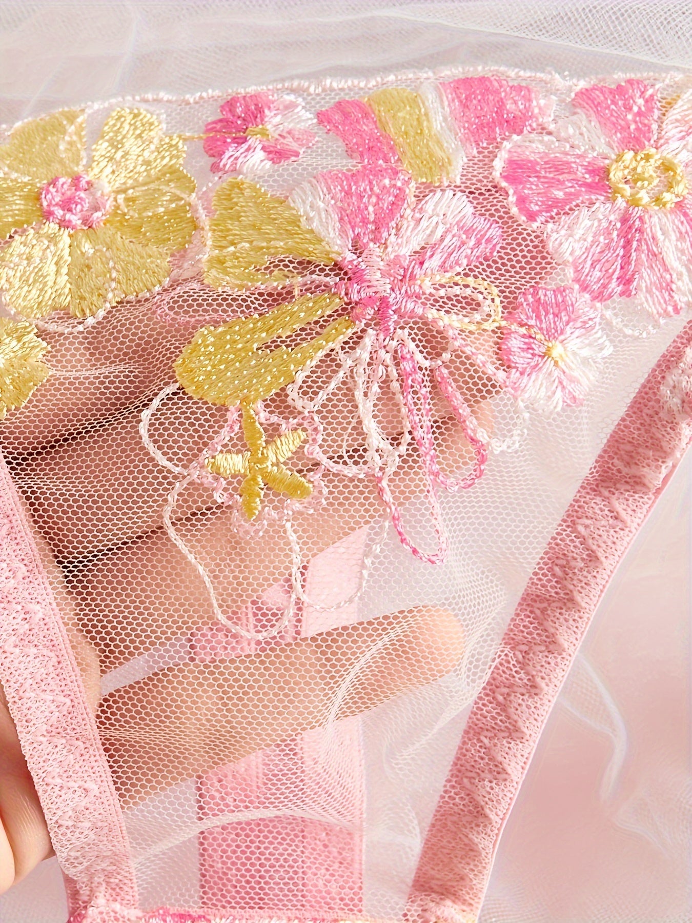 Women's Lace Satin Lingerie Set with Adjustable Straps and Floral Design