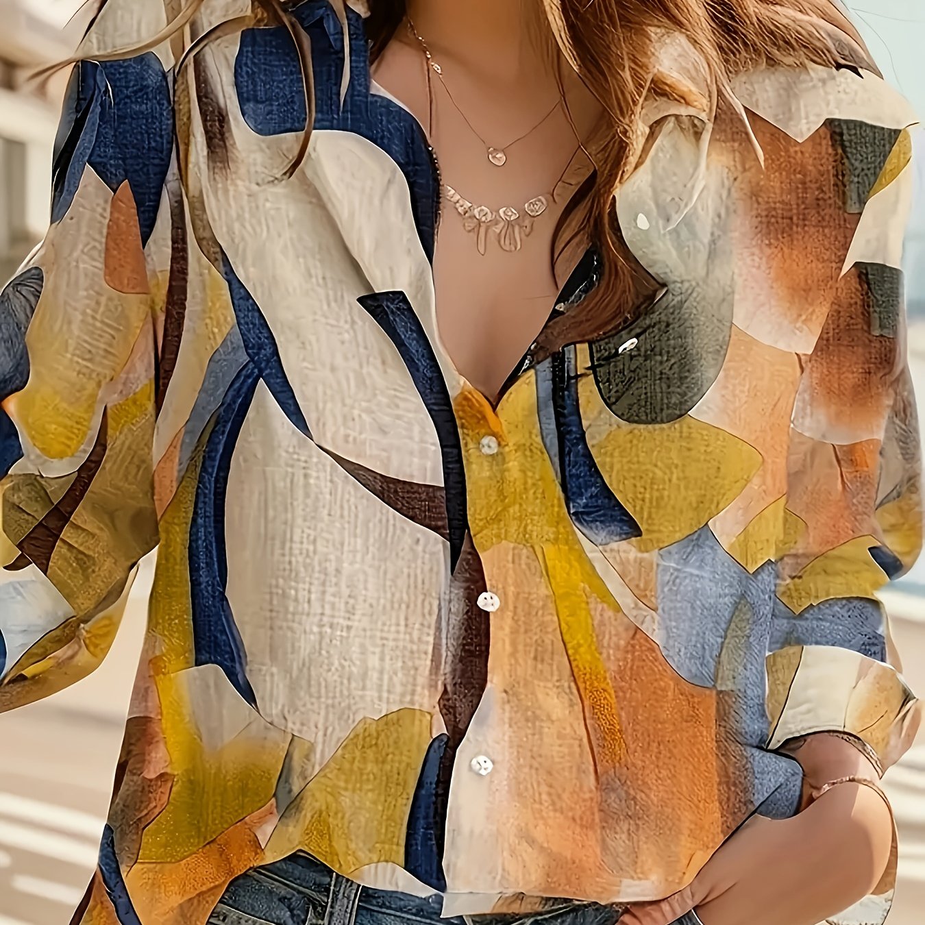 Plus o'lcham ayollar uchun V-yuqa uzun qollik bluz, polyester geometrik bosma