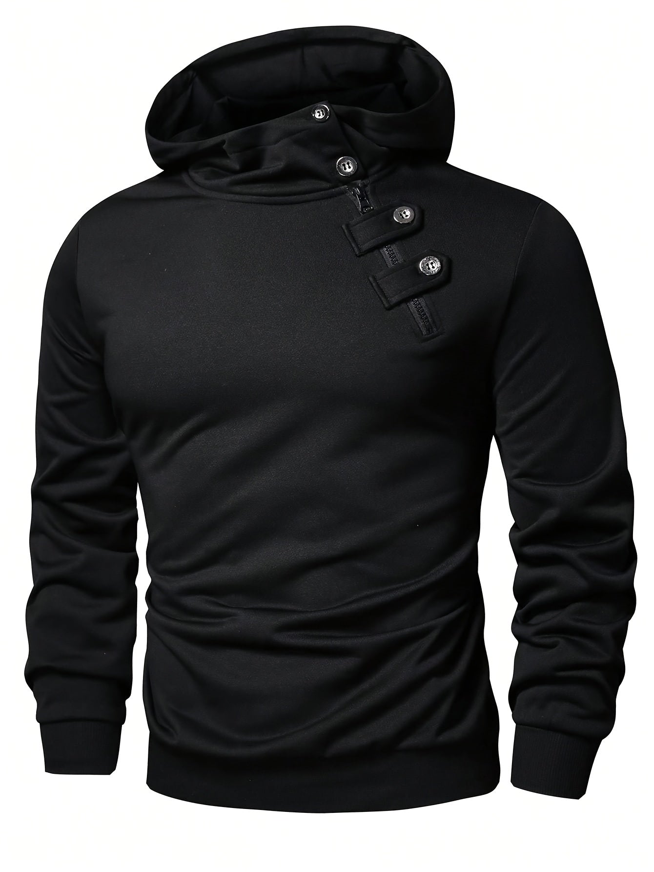 Men's Solid Color Polyester Hoodie with Button Detail Regular Fit Spring Fall Casual Sweatshirt