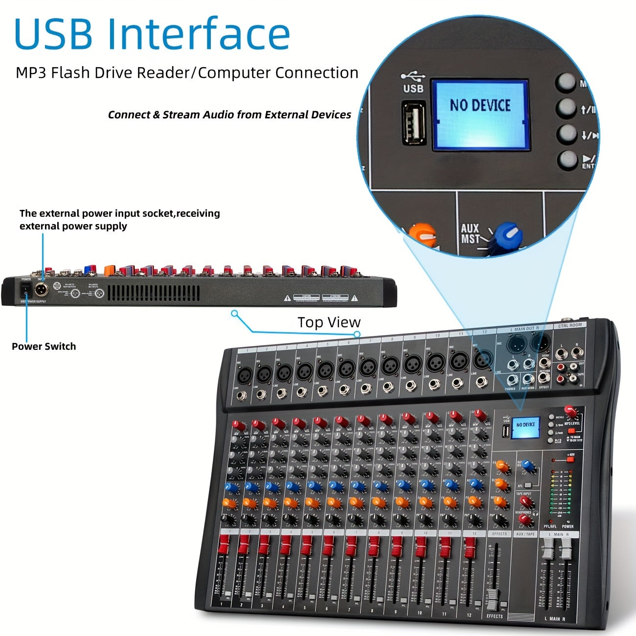 8/12 Channel Audio Mixer with USB XLR Microphone Input RCA Output for Professional and Beginner Use EU Plug