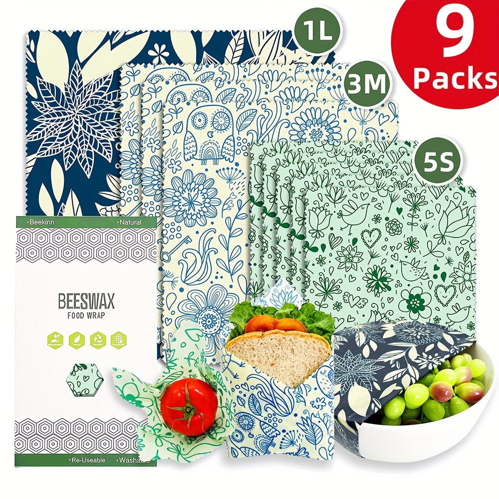 Food Covers Set 9 Pieces Beeswax Wraps Reusable Food Preservation for Leftovers and Fruits