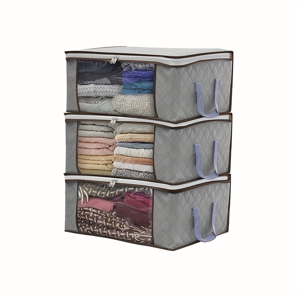 Bolsa de almacenamiento de ropa plegable con asa reforzada y ventana transparente 37L gris azul, organizador de armario para suéteres, abrigos y camisetas