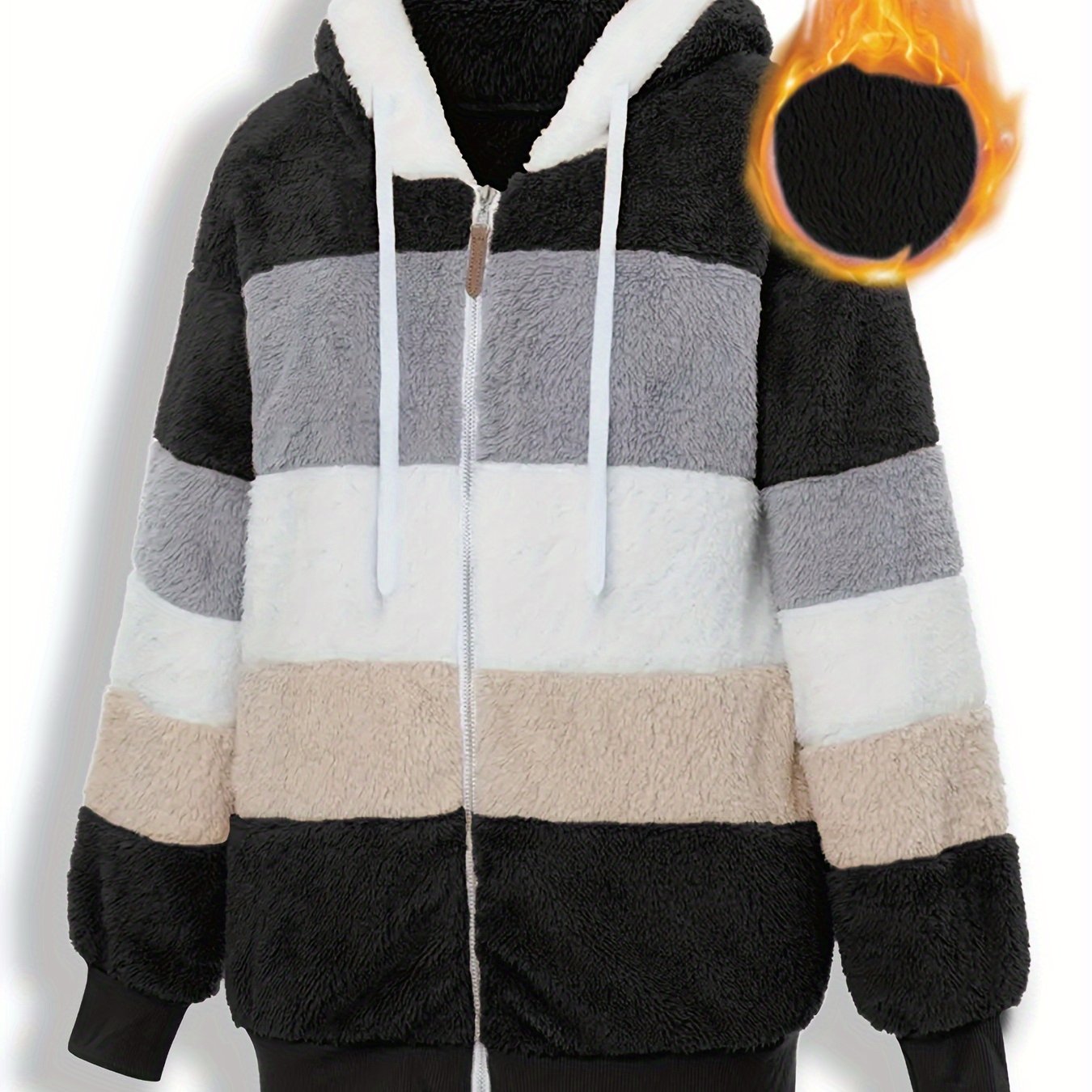 Jilovli cho'tka bilan to'q sariq va kulrang chiziqli ayollar uchun mo'ynali xuddi, cho'ntaklari bilan, iliq va qulay qish uslubi uchun yumshoq polyesterdan tayyorlangan.