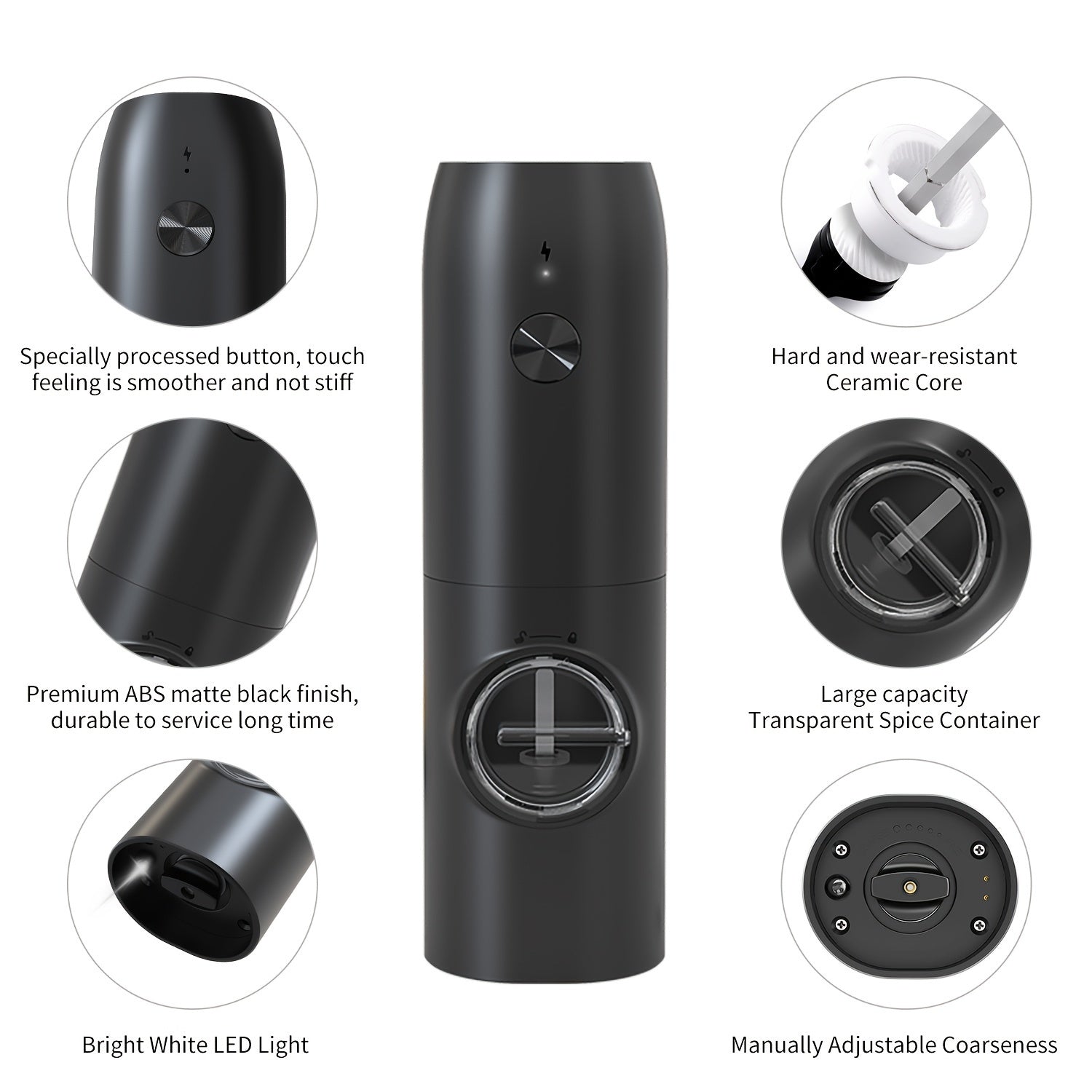 Rechargeable Electric Pepper Grinder Automatic USB Rechargeable Battery Black White Compact
