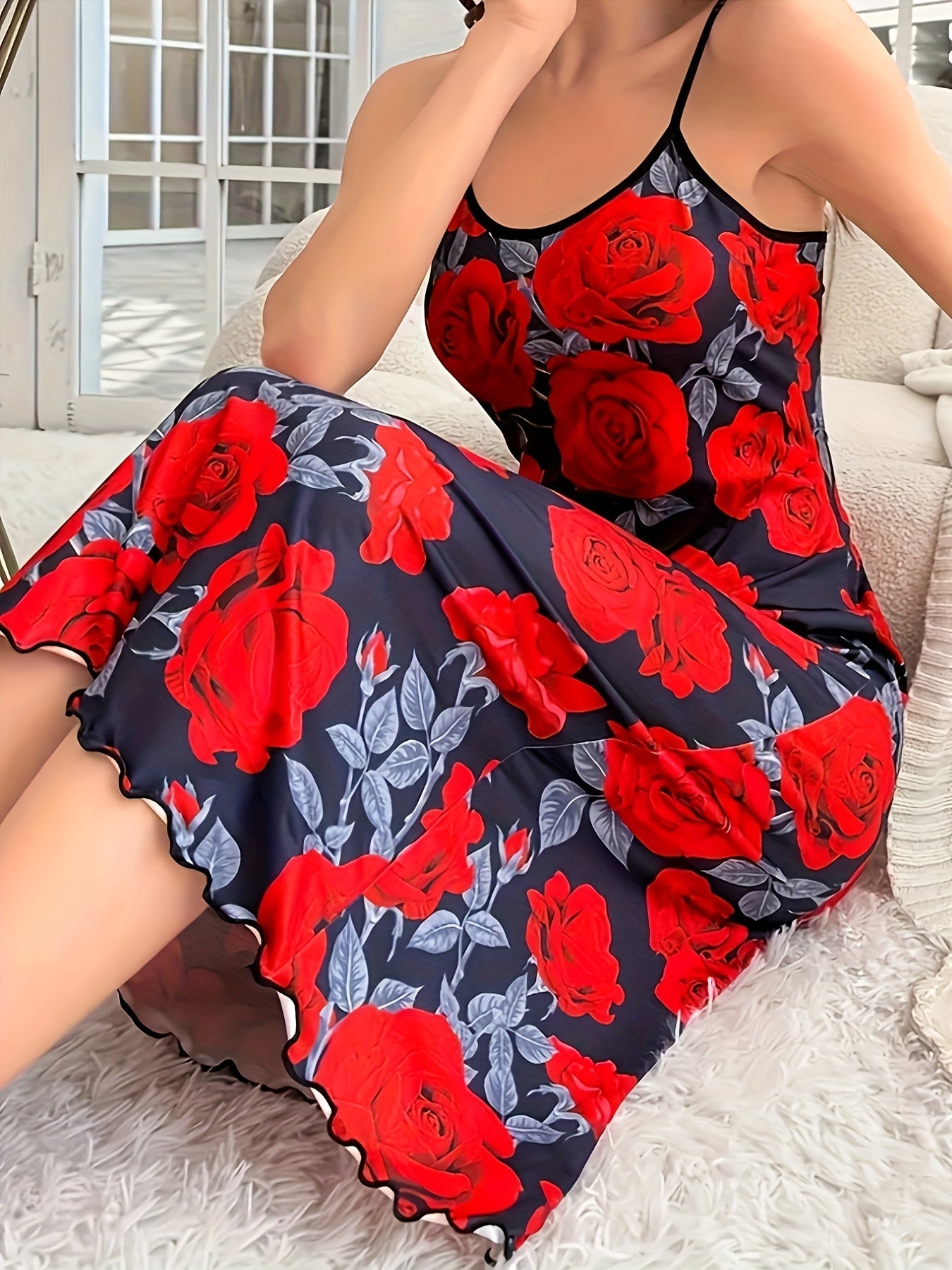 Plus Size Women’s Rose Print Sleep Dress Round Neck Nightgown