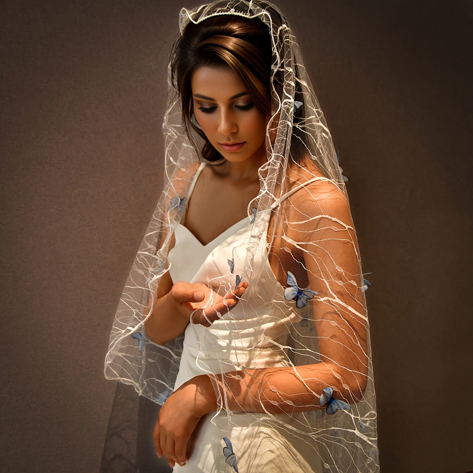 Wedding Veil with Butterfly Embroidery Cathedral Length Nylon Single Tier Bridal Accessory