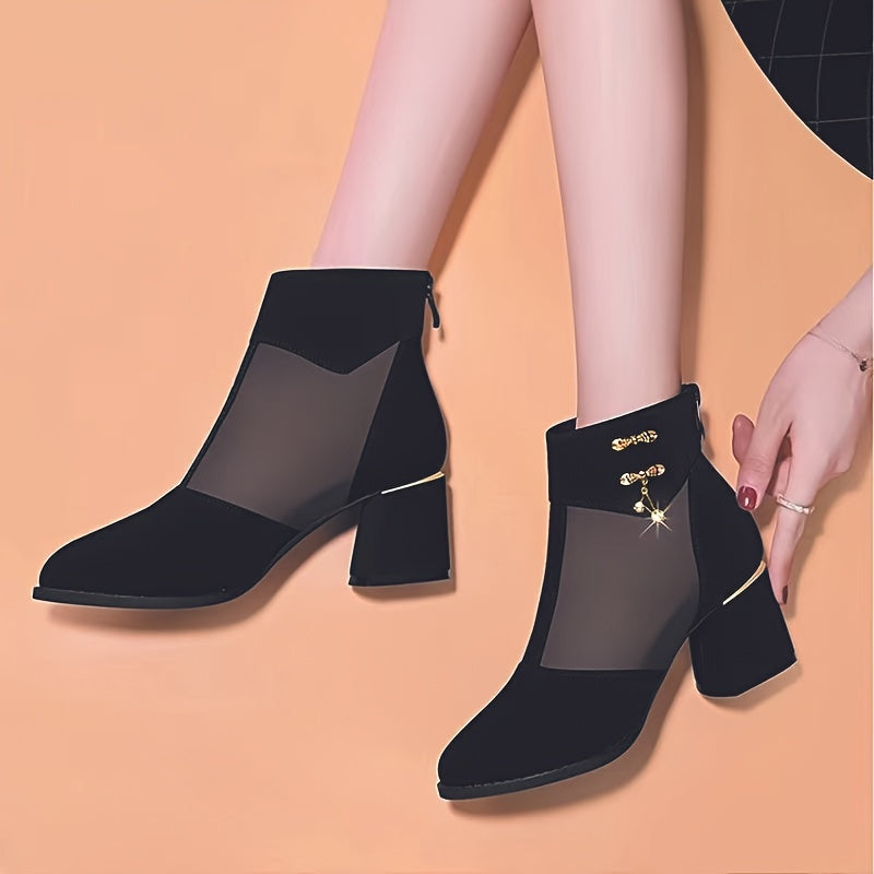 Women's Mesh High Heels with Crystal Accents and Chunky Block Heel