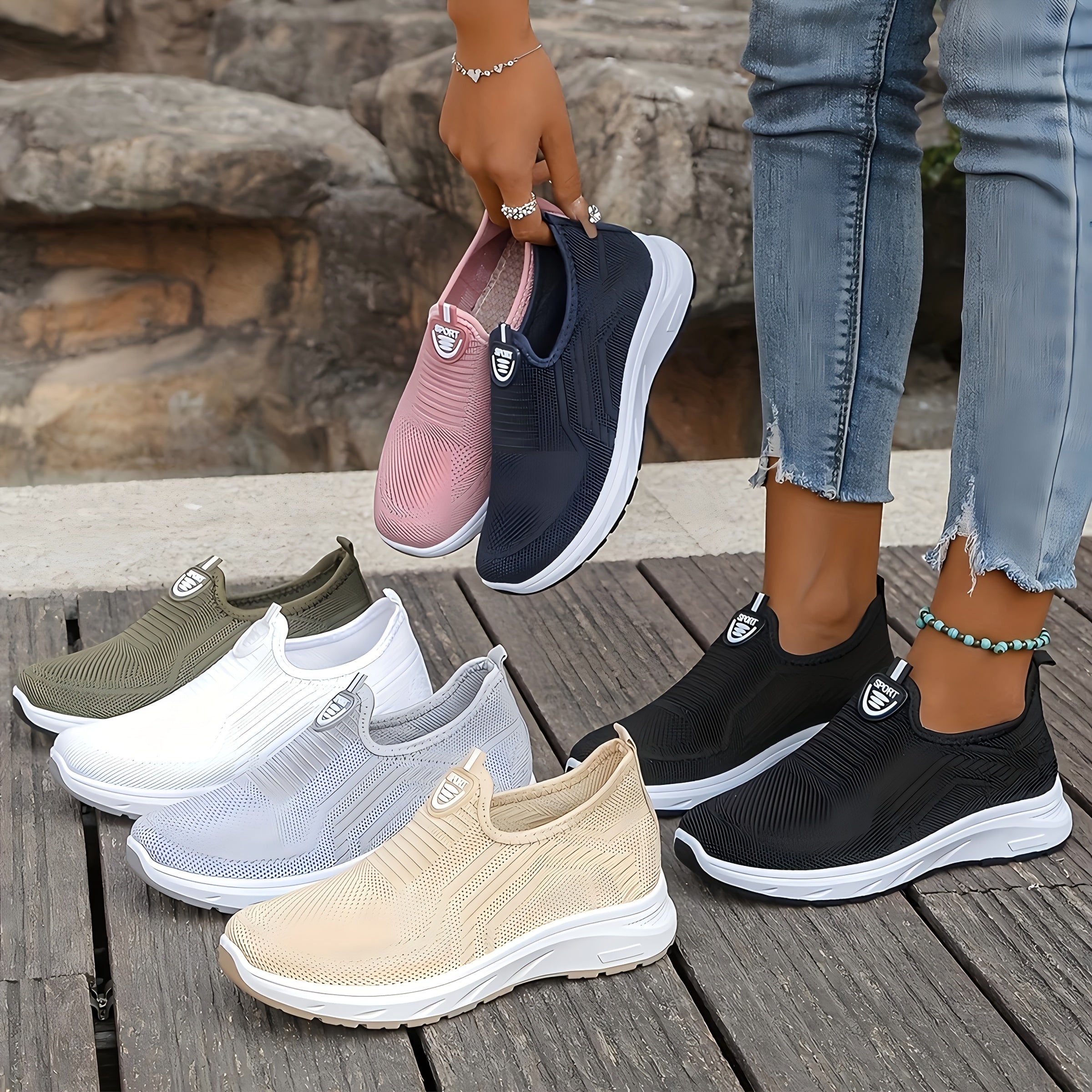 Ayollar uchun slip-on kundalik sport poyabzali, tarmoq tikanli, yengil, yopishqoqsiz, tashqi foydalanish uchun oyoq kiyim