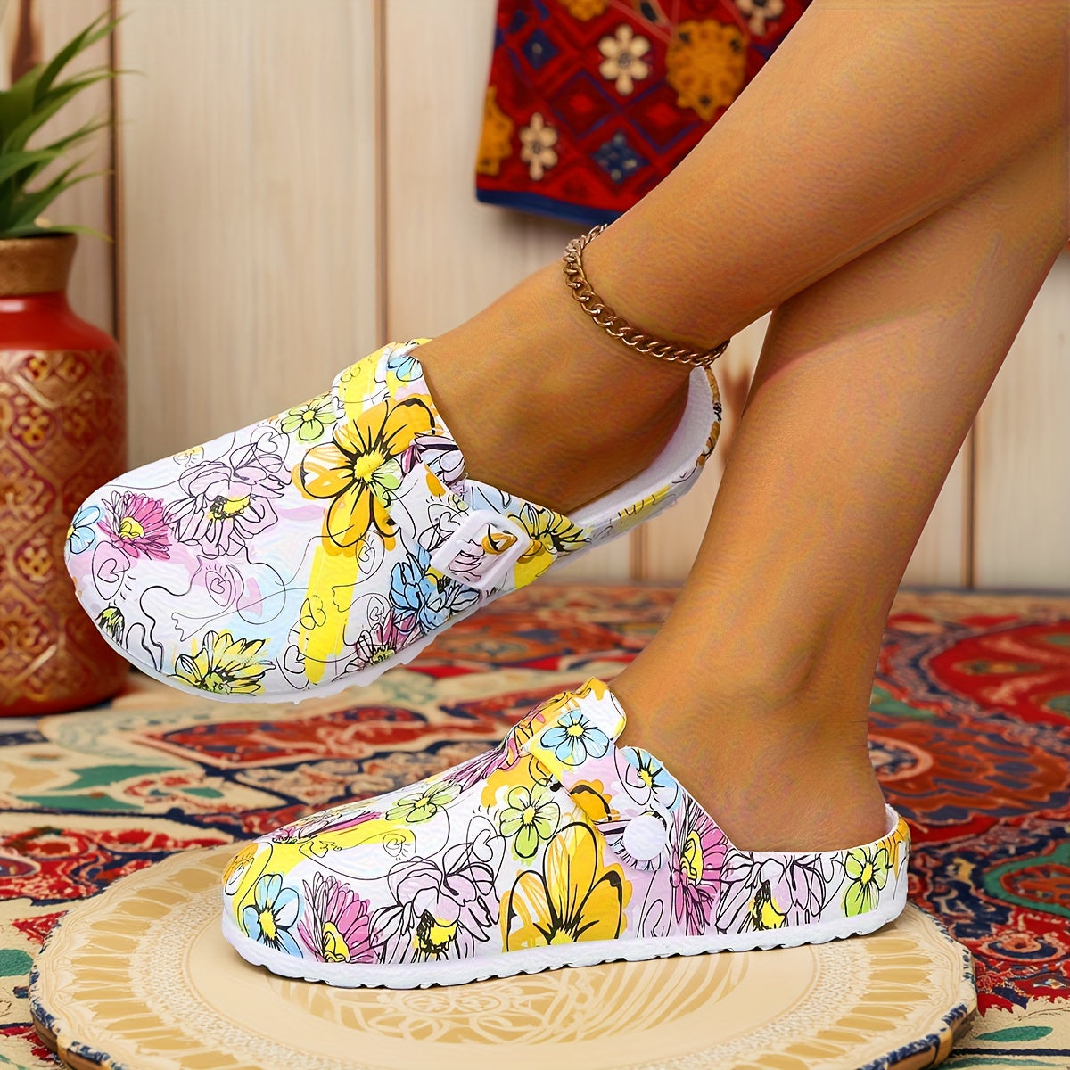 Women's Floral Print Slip-On Mules with Adjustable Straps EVA Casual