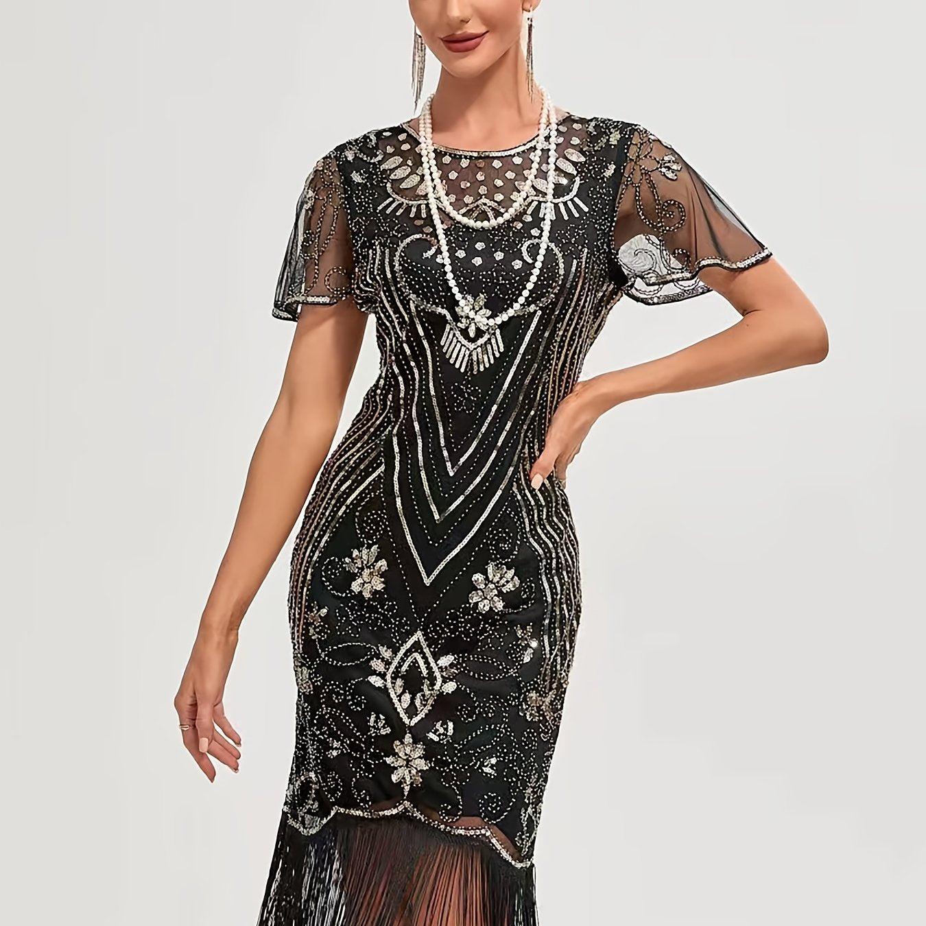 Women's 1920s Sequin Flapper Dress Beaded Embroidery Fringe Party Gown