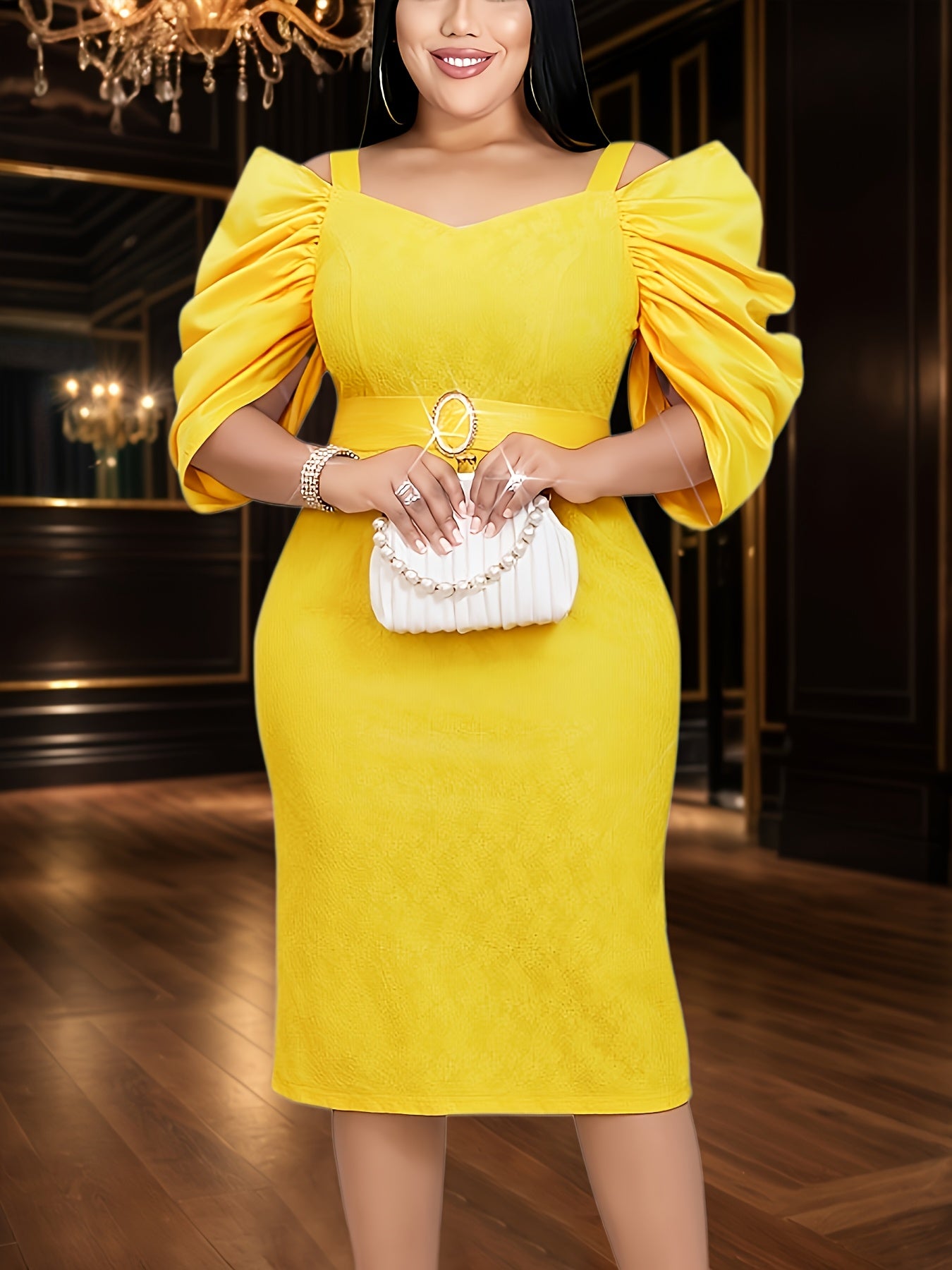 Women's Yellow Lace Off-Shoulder Dress with Petal Sleeves for Parties