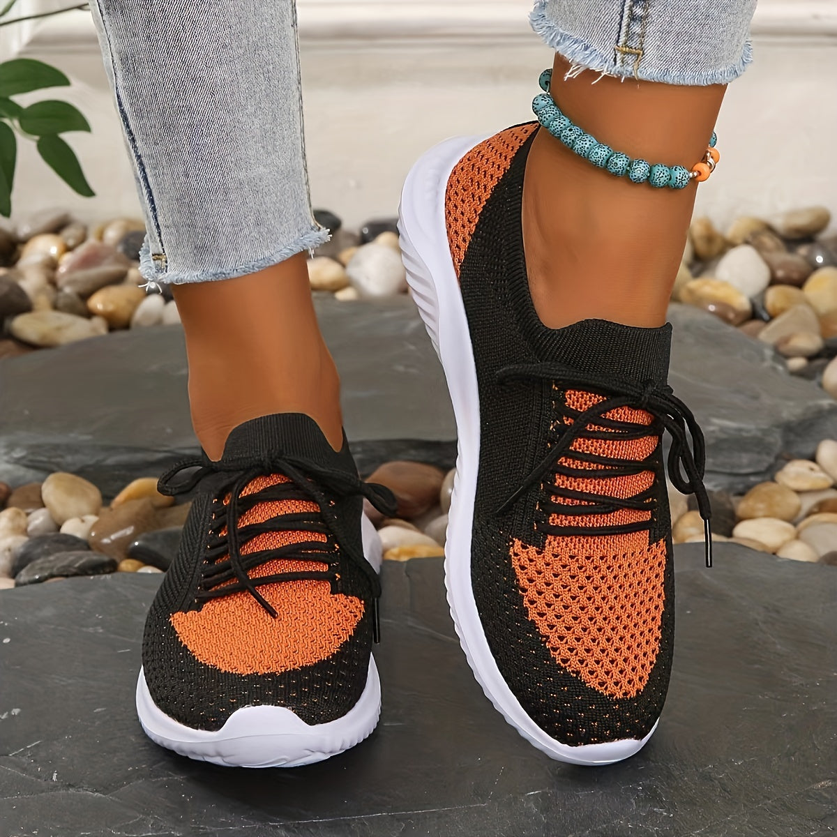Women's Breathable Knit Sneakers Lightweight Non-Slip Casual Black Red