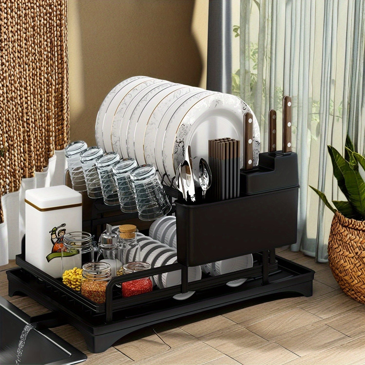 Metal Kitchen Dish Drying Rack with Utensil Holder and Drainboard