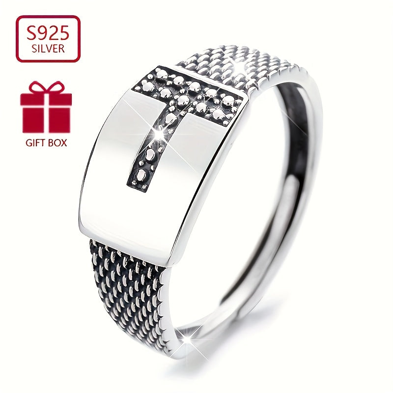 VIGG S925 Sterling Silver Hip Hop uslubidagi geometrik T-shaklidagi sozlanadigan ochiq uzuk erkaklar va ayollar uchun, uniseks punk festival moda zargarlik buyumlari, kundalik kiyish va barcha mavsumlar uchun mukammal