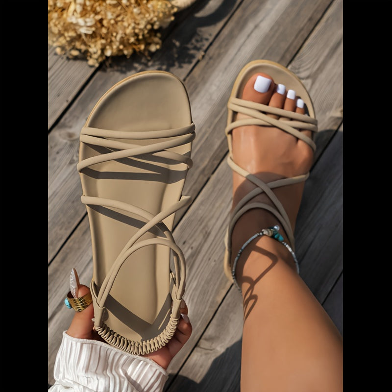 Women's Plus Size Beige Open Toe Slip-On Flat Sandals