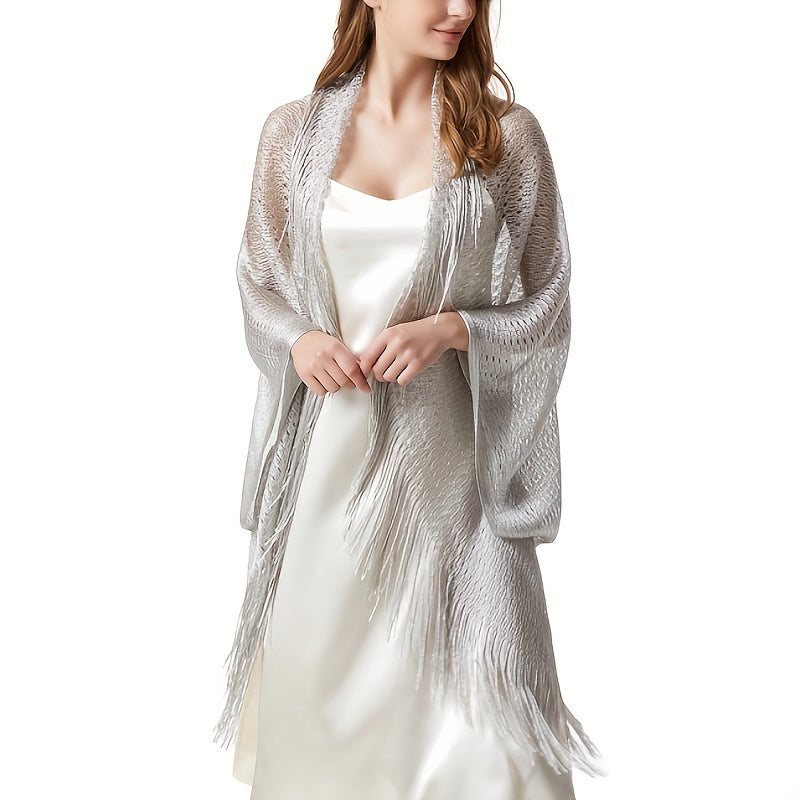 Gold Shawl with Webbed Fringe Versatile for Evening Events and Sun Protection