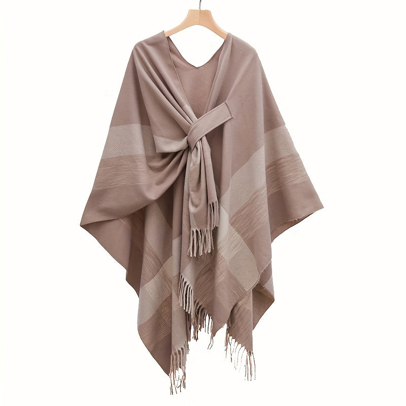 Women's Black and White Striped Cardigan Open Front Tassel Shawl Spring Autumn Windproof Warm Large Cloak