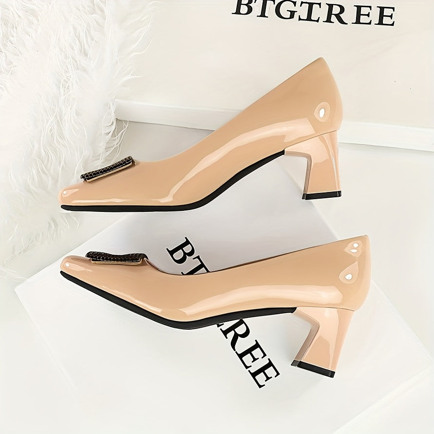 Women's Glossy Black Square-Toe Mid Block Heel Pumps Dress Shoes for Weddings Office
