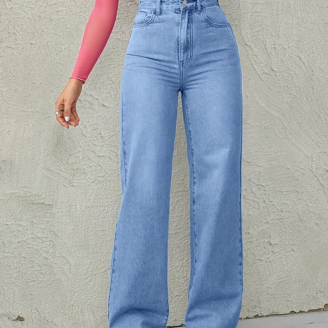 Women's High-Waisted Wide Leg Jeans Denim Long Solid Color Street Style
