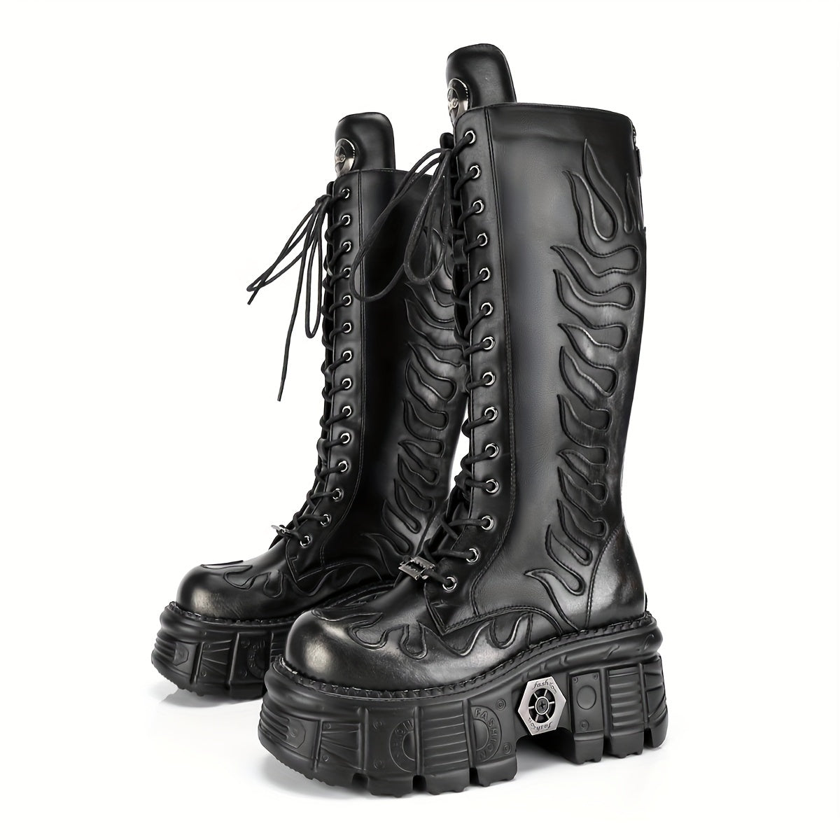 Women's Faux Leather Punk Flame Mid-Calf Platform Boots