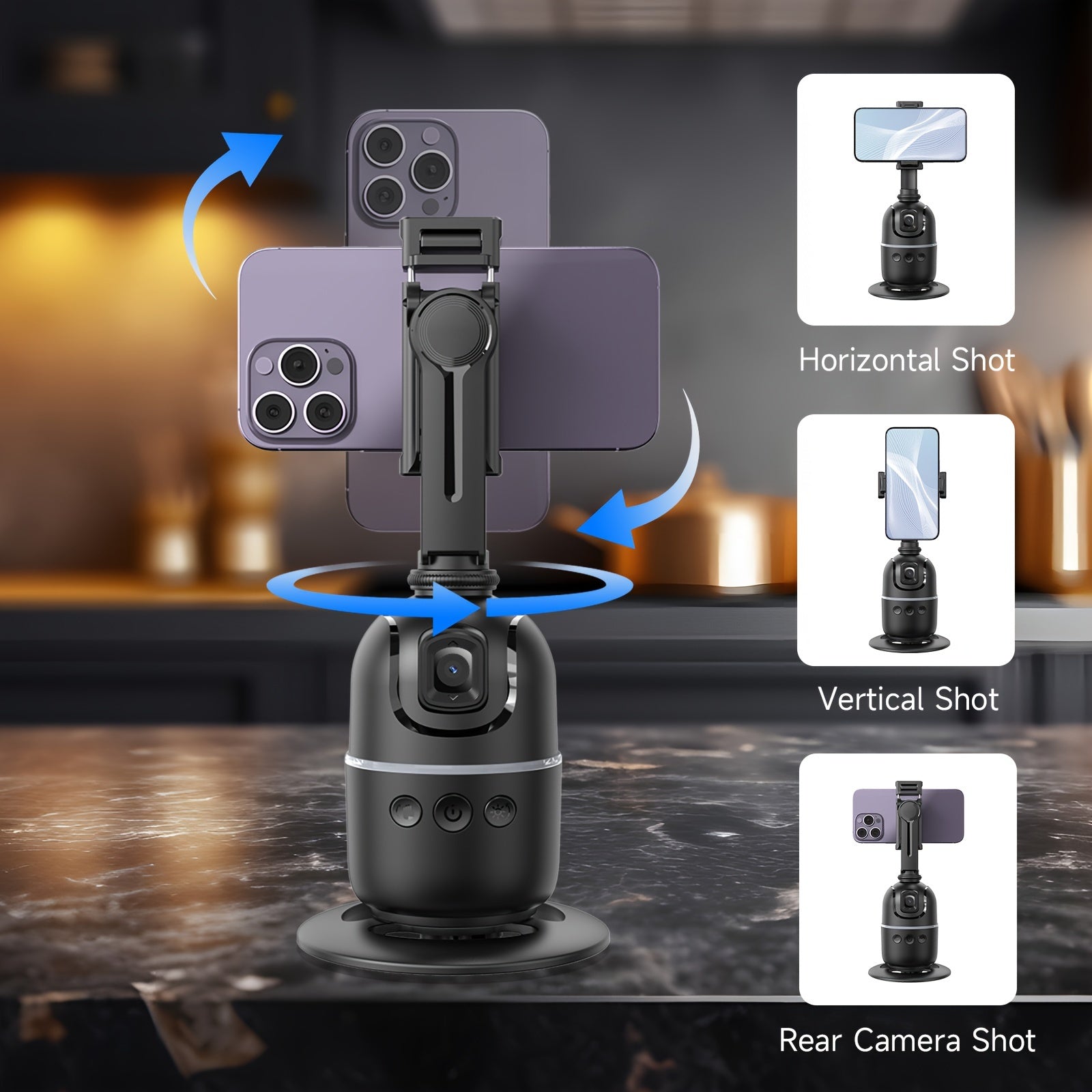 Тренога для отслеживания лица с ИИ, монопод для селфи с вращением на 360°, стабилизацией, USB-перезаряжаемый, вертикальный держатель для смартфона