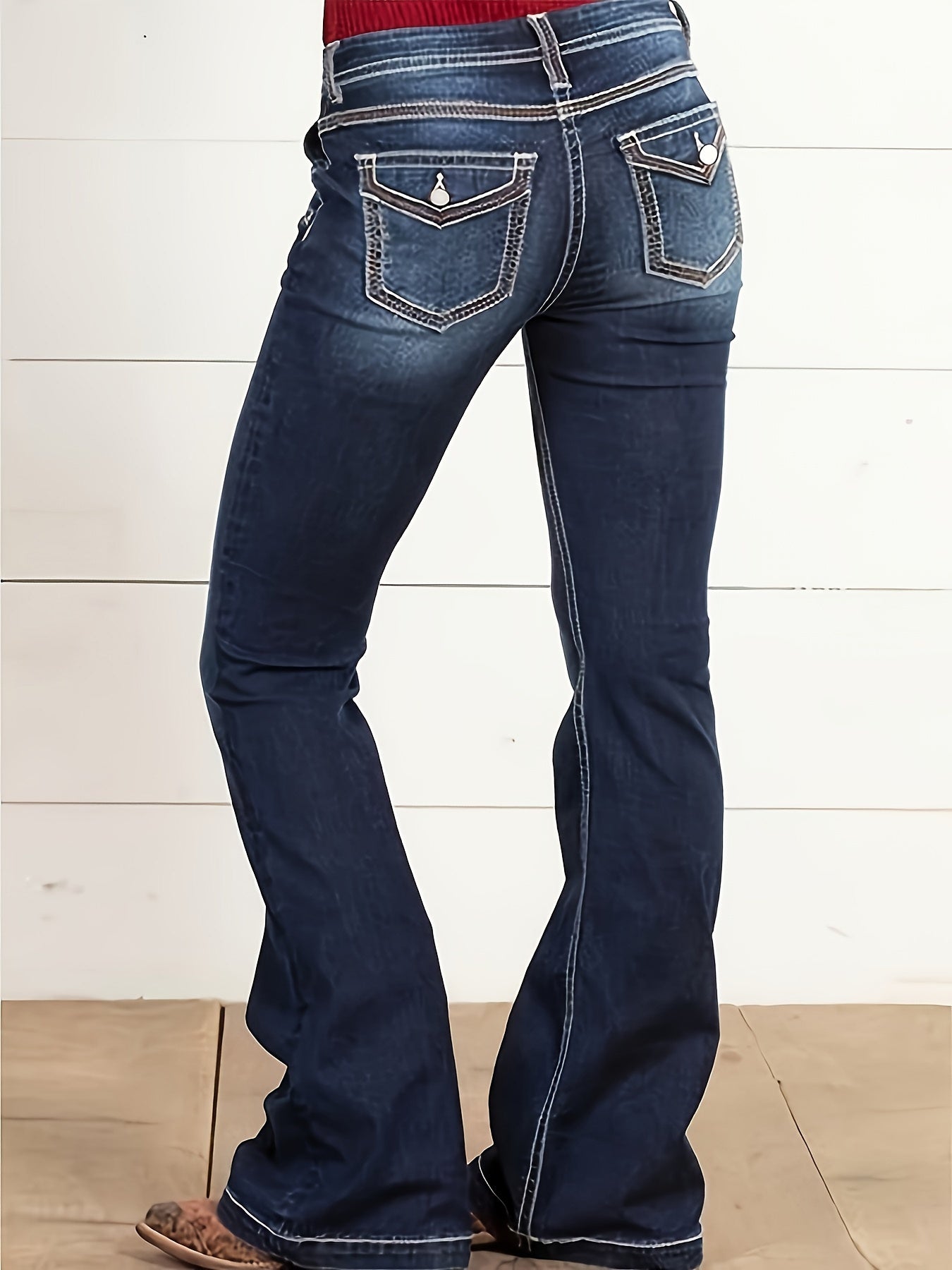 Jeans de mujer azul marino de corte bootcut casuals de mezclilla elástica con cinco bolsillos