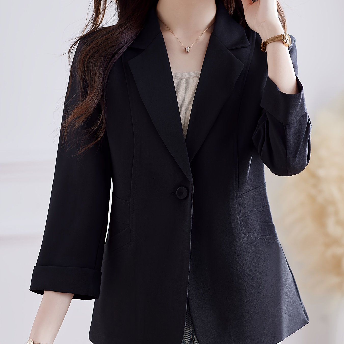 Plus Size Women’s Beige H-Silhouette Blazer Long Sleeve Casual to Semi-Formal