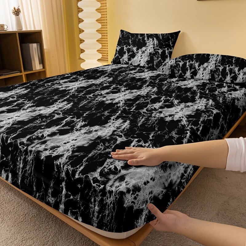Marble Print Fitted Sheet Deep Pocket Soft Bed Sheet for Bedroom and Guest Room