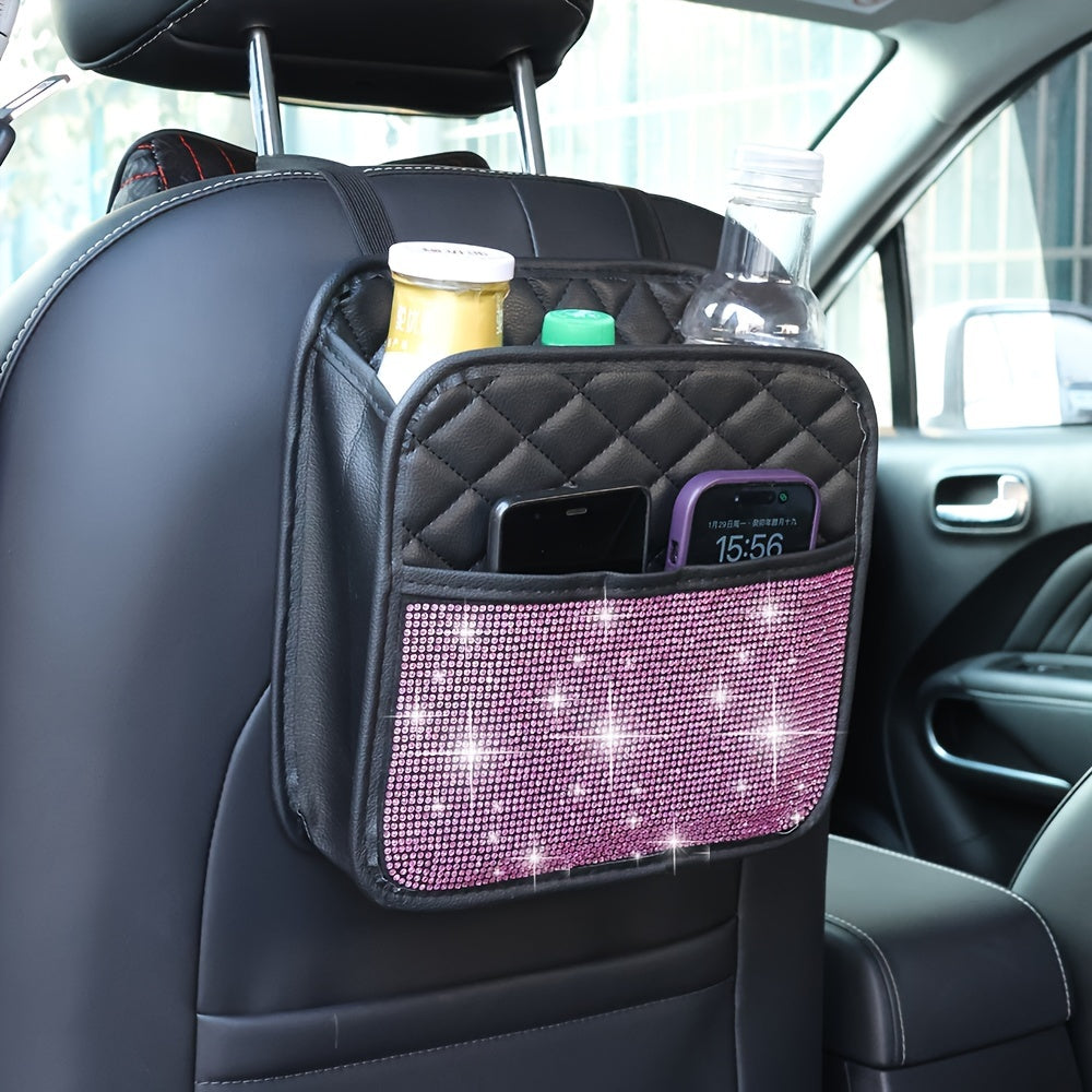 Organizador trasero para asiento de coche, bolsa de almacenamiento de cuero PU brillante para vehículos, negro