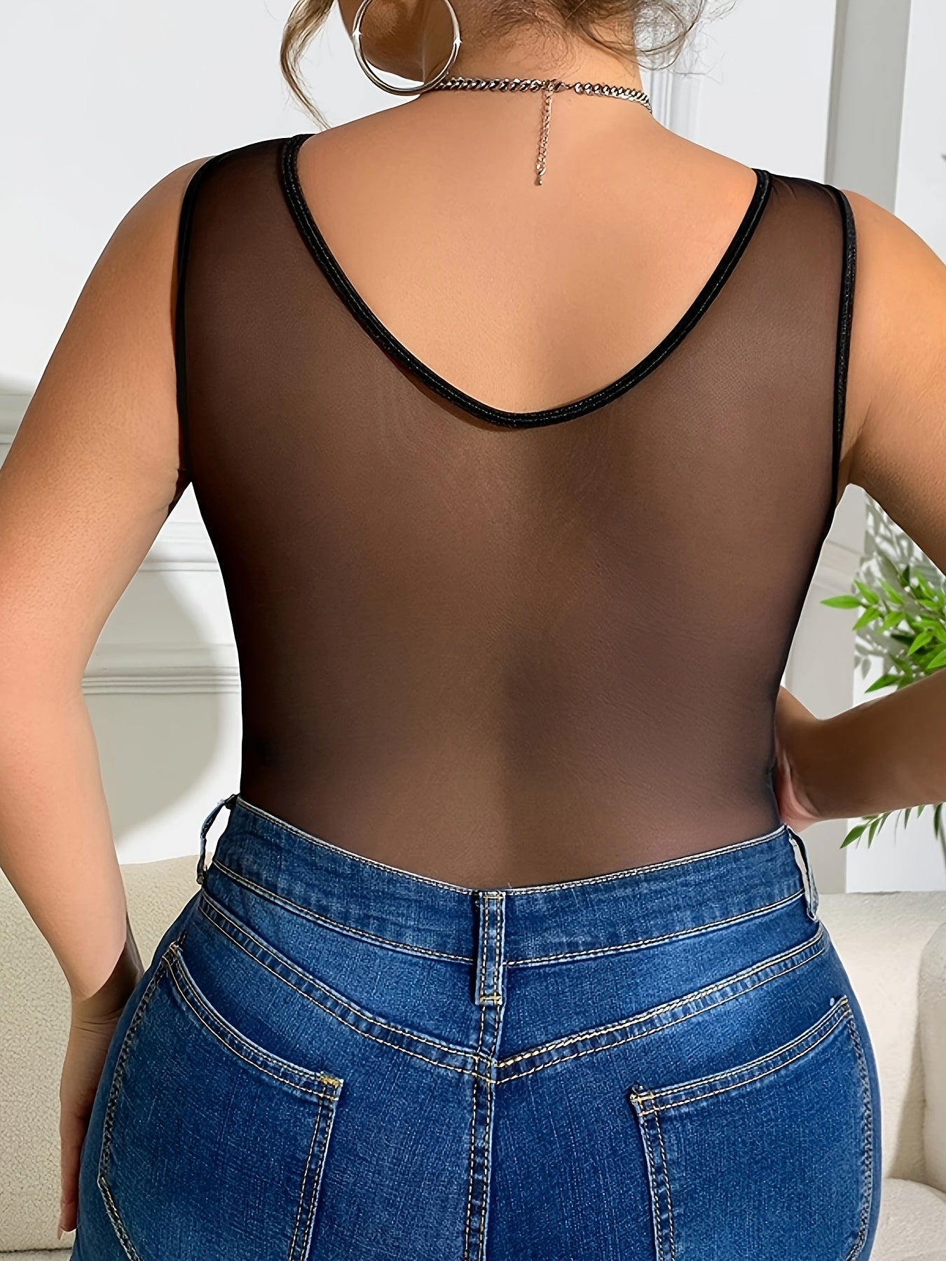 Women's Black Lace-Trimmed Sheer Mesh Bodysuit Slim Fit Sleeveless Spandex Stretchy