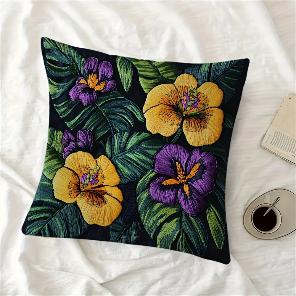 Square Pillow Cover with Tropical Floral Embroidery Polyester Zipper Closure for Home or Office Decor