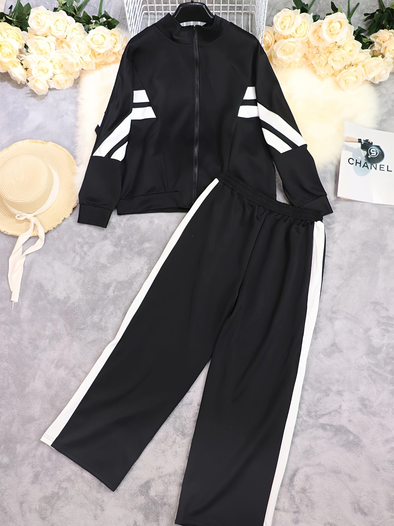 Plus Size Women's Autumn Winter Striped Long Sleeve Two-Piece Pants Set