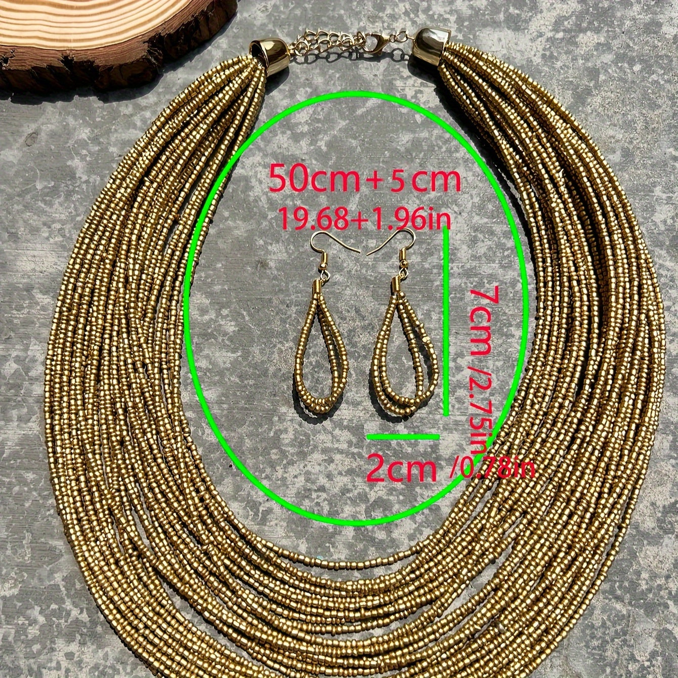 Bohemian Style 3-Piece Jewelry Set with Gold Beaded Necklace and Earrings