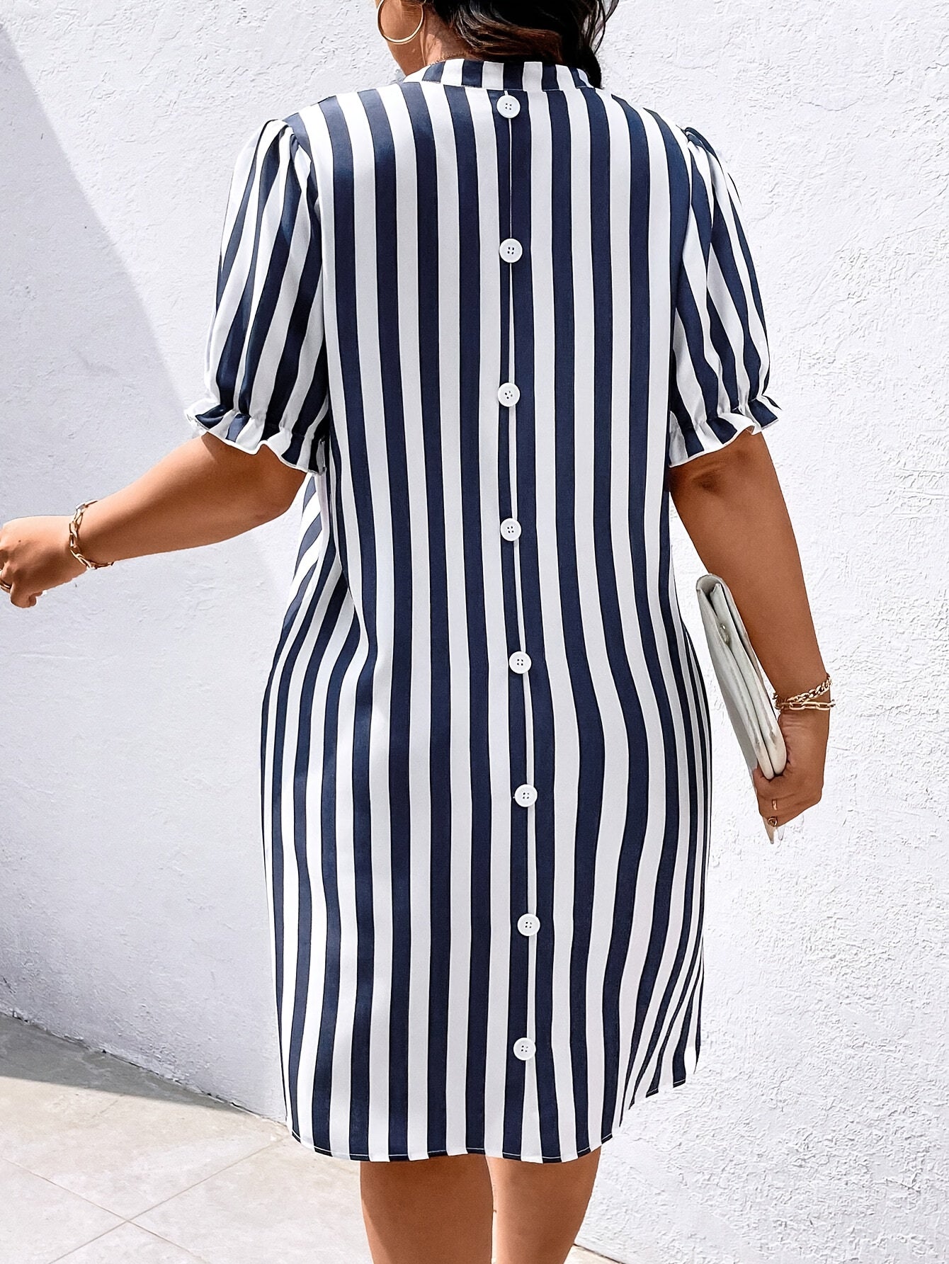 Plus-Size Striped Dress with Flutter Short Sleeves and V-Neck for Women