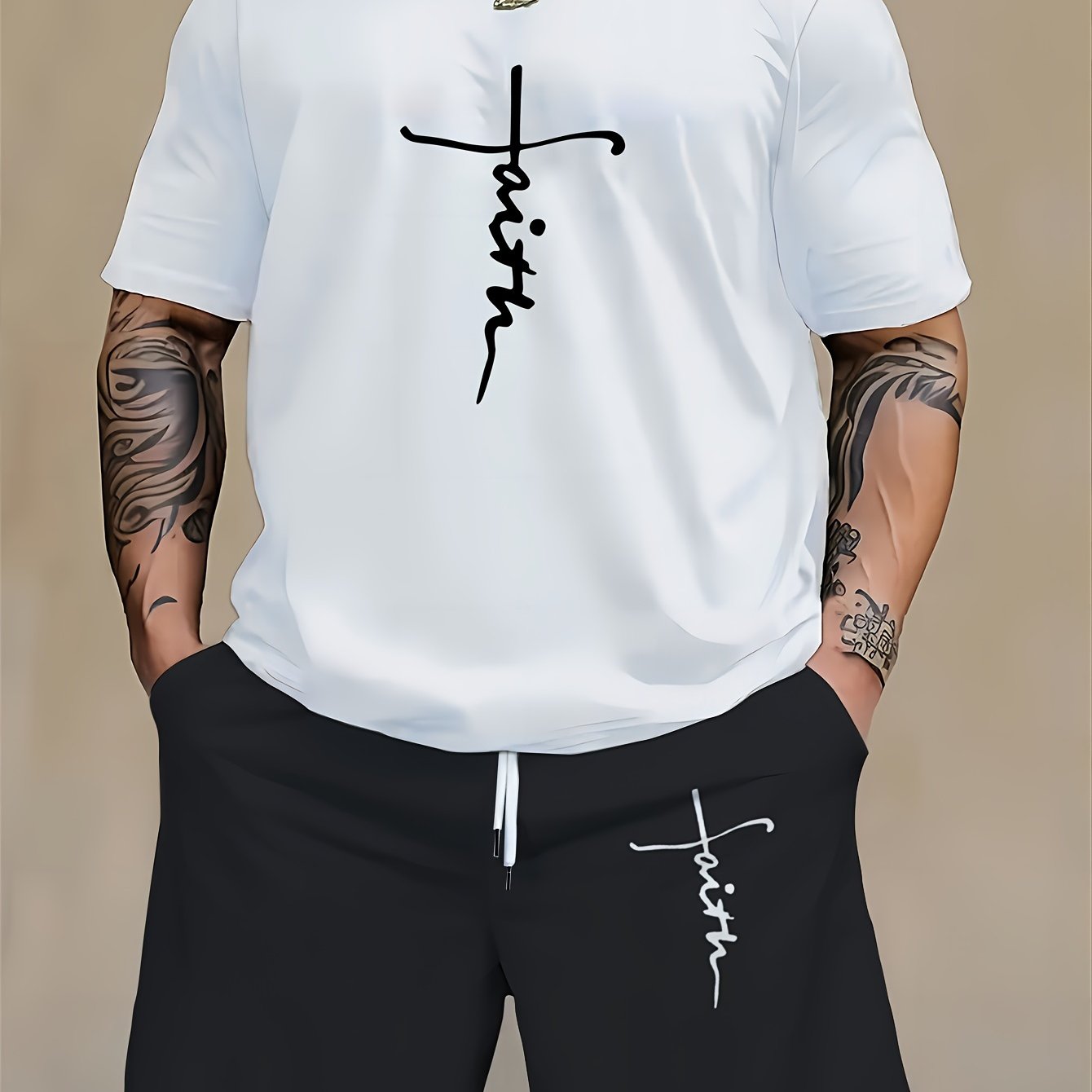 Men's Plus Size Casual Sports Set Polyester Knit with Cartoon Print Crew Neck T-Shirt and Shorts