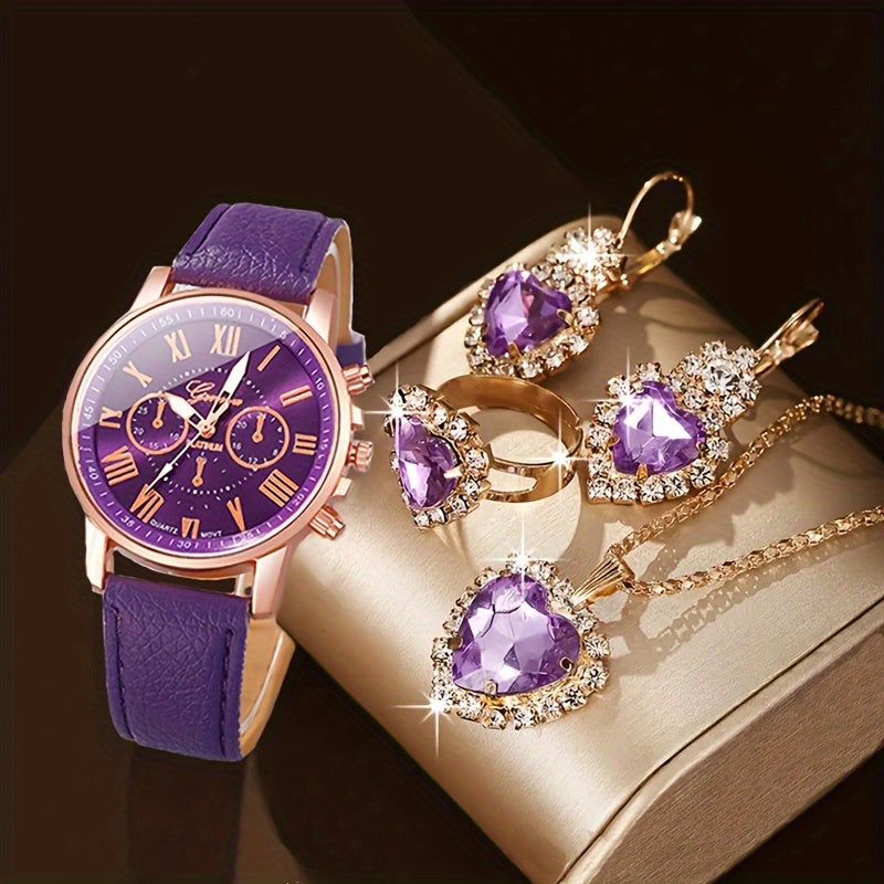 Women's Purple Quartz Watch and Heart Jewelry Set with Faux Leather Strap and Zinc Alloy Case