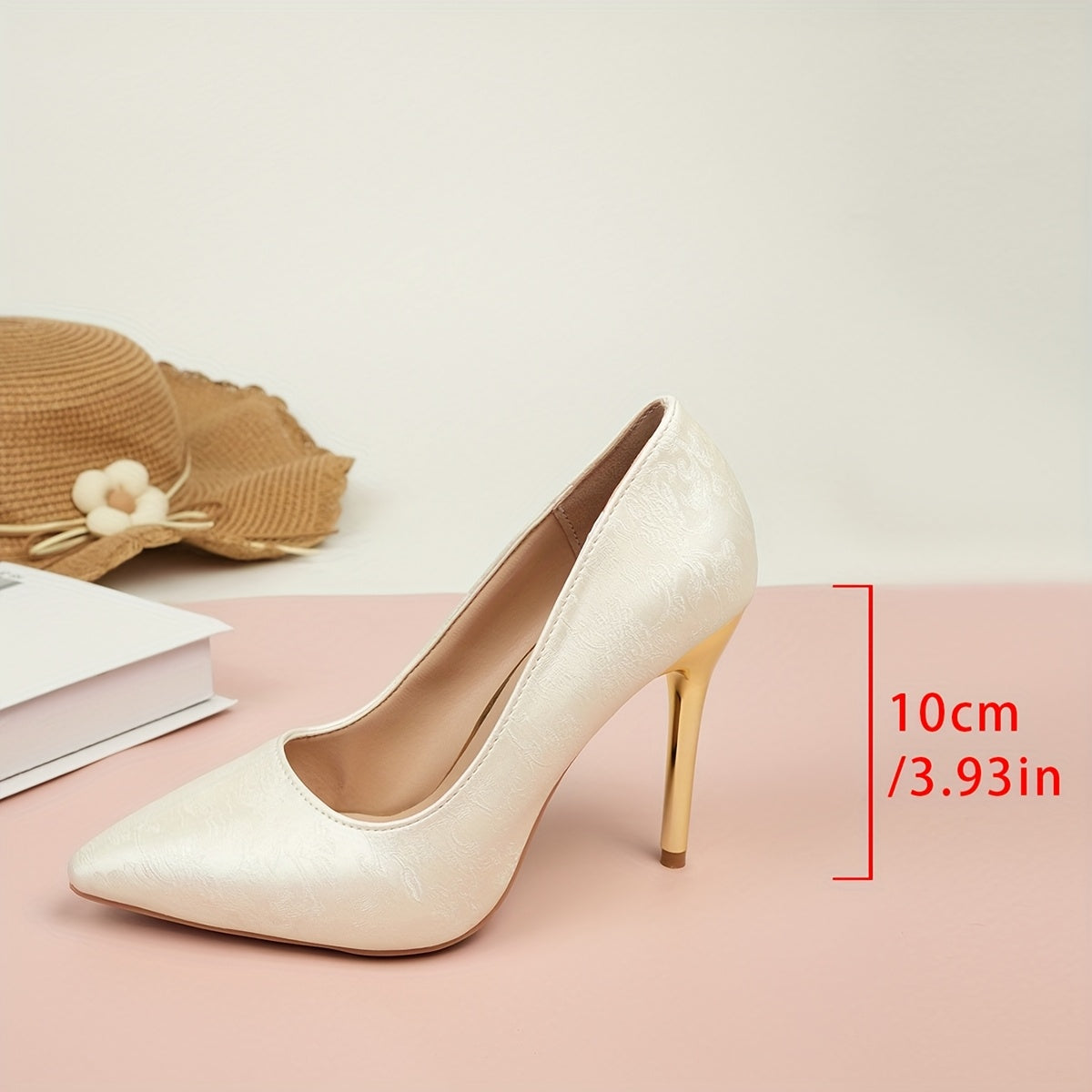 Women's Black Floral Embossed Pointed Toe High Heels with Gold Accents